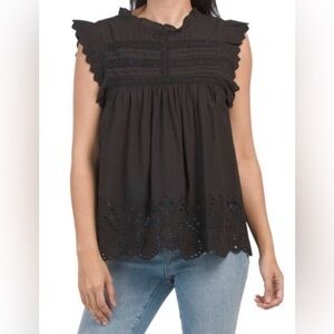 Jennifer & Grace Eyelet Black Sleeveless Top with Ruffle Details